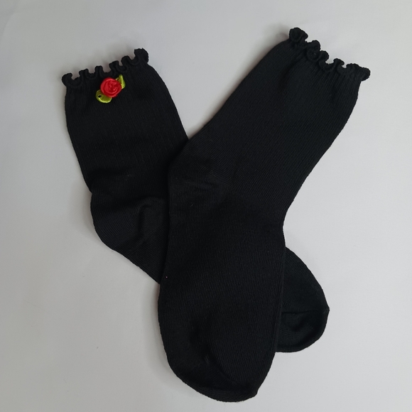 Black Lettuce Ruffle Crew Cut Socks with Satin Red Rose. - Picture 3 of 3